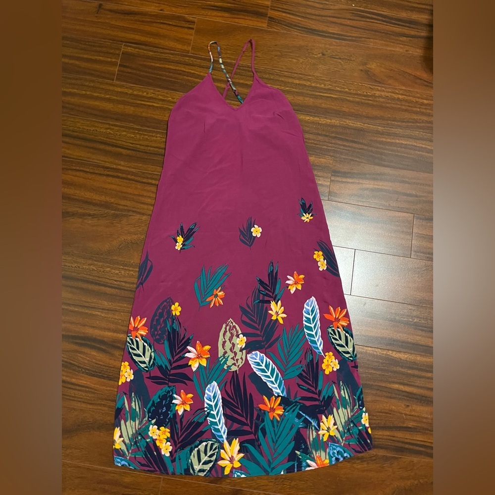 Old Navy womens small petite fuchsia tropical print maxi dress, spaghetti straps